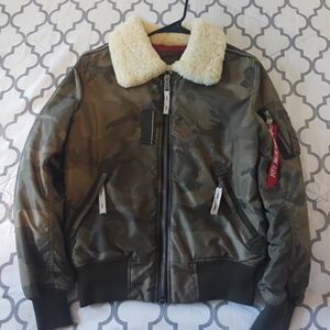 Camouflage Bomber Jacket with Shearling Collar